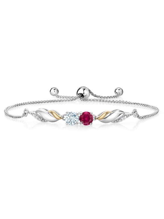 1.52 Ct Red Created Ruby Sky Blue Aquamarine 925 Silver and 10K Yellow Gold Lab Grown Diamond Bracelet for Women