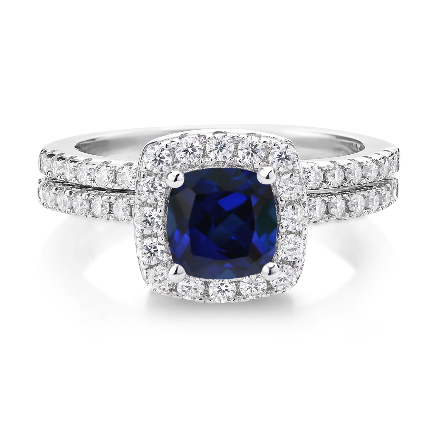 Gem Stone King 1.52 Cttw Blue Created Sapphire and Moissanite Wedding Engagement Ring Band Bridal Set for Women | 925 Sterling Silver | Cushion 6MM | Available in Size 5, 6, 7, 8, 9
