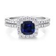 thumbnail image 1 of Gem Stone King 1.52 Cttw Blue Created Sapphire and Moissanite Wedding Engagement Ring Band Bridal Set for Women | 925 Sterling Silver | Cushion 6MM | Available in Size 5, 6, 7, 8, 9, 1 of 6