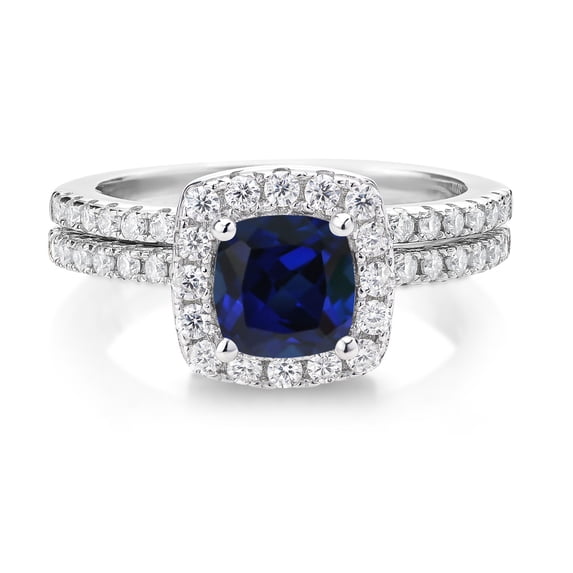 Gem Stone King 1.52 Cttw Blue Created Sapphire and Moissanite Wedding Engagement Ring Band Bridal Set for Women | 925 Sterling Silver | Cushion 6MM | Available in Size 5, 6, 7, 8, 9