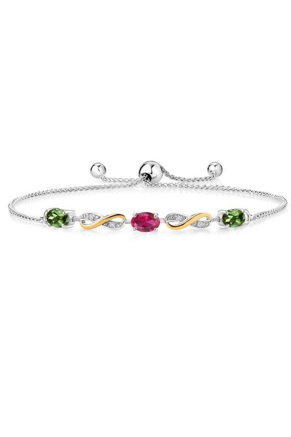 1.53 Ct Green Tourmaline Red Created Ruby 925 Silver and 10K Yellow Gold Lab Grown Diamond Adjustable Infinity Bracelet for Women Mother's Mom Wife Her