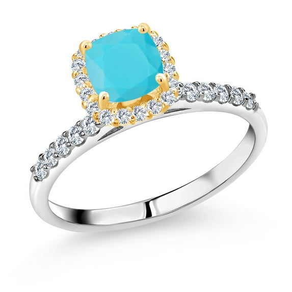 Gem Stone King 1.53 Ct Green Turquoise E-F Lab Grown Diamond 925 Silver and 10K Yellow Gold Ring (Size 8)