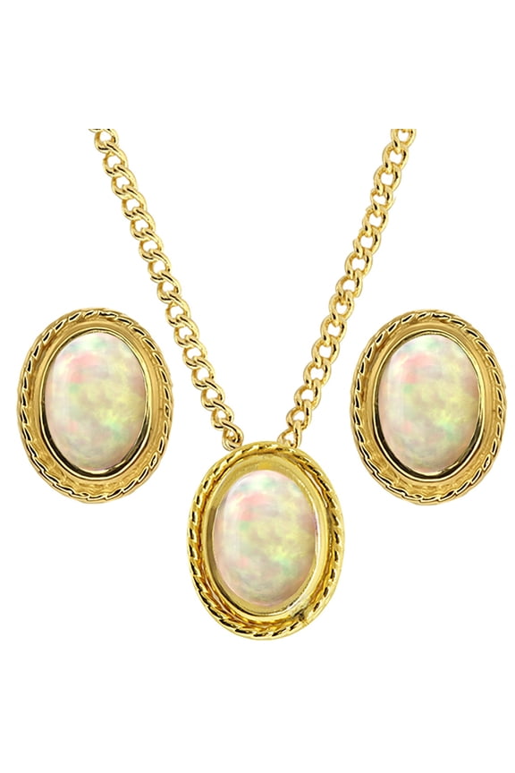 1.53 Ct Oval Cabochon White Ethiopian Opal 18K Yellow Gold Plated Silver Pendant and Earrings Jewelry Set