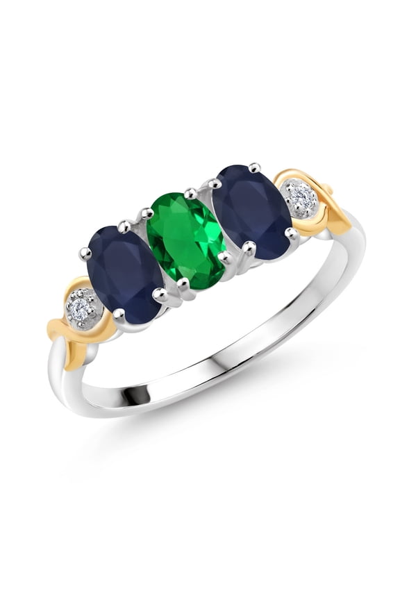 1.53 Ct Oval Green Nano Emerald Blue Sapphire 925 Silver and 10K Yellow Gold G-H Lab Grown Diamond Women Ring (Size 5)