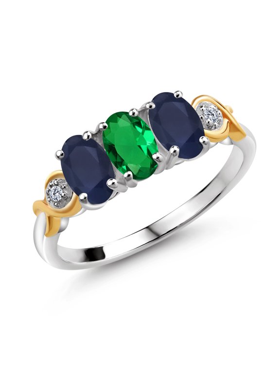 1.53 Ct Oval Green Nano Emerald Blue Sapphire 925 Silver and 10K Yellow Gold G-H Lab Grown Diamond Women Ring (Size 8)