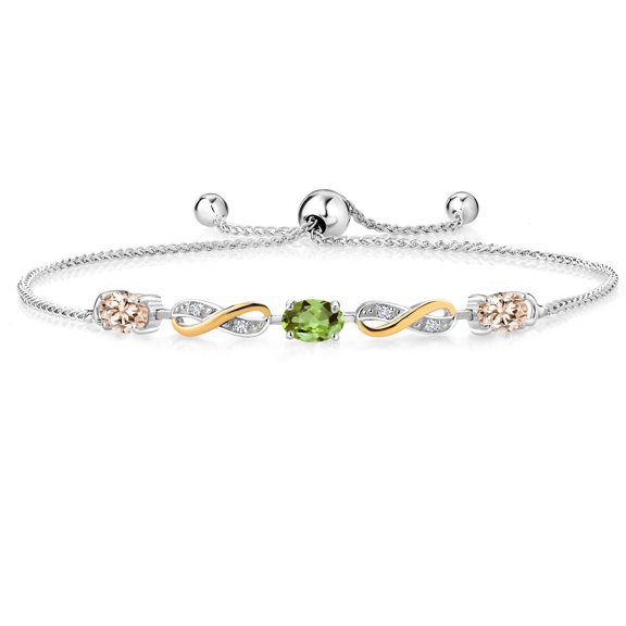 Gem Stone King 1.53 Ct Oval Peach Morganite Green Peridot 925 Silver and 10K Yellow Gold Lab Grown Diamond Adjustable Infinity Bracelet for Women Mother's Mom Wife Her