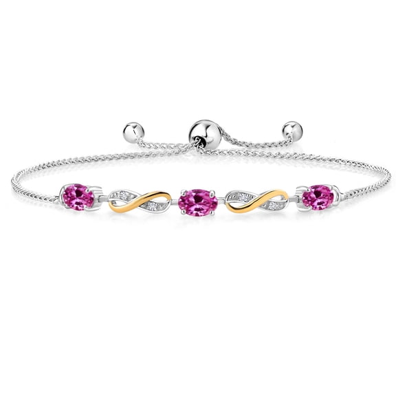 Gem Stone King 1.53 Ct Oval Pink Created Sapphire 925 Silver and 10K Yellow Gold Lab Grown Diamond Adjustable Infinity Bracelet for Women Mother's Mom Wife Her