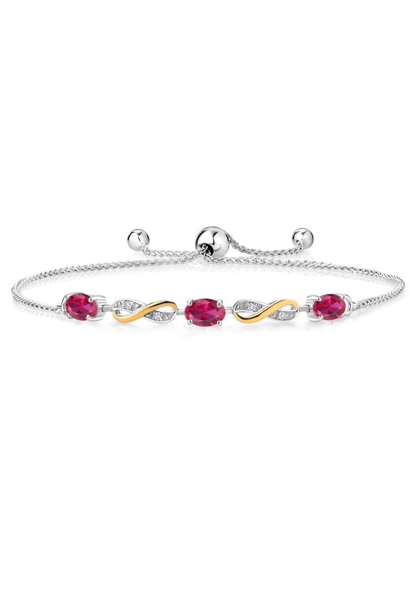 1.53 Ct Oval Red Created Ruby 925 Silver and 10K Yellow Gold Lab Grown Diamond Adjustable Infinity Bracelet for Women Mother's Mom Wife Her
