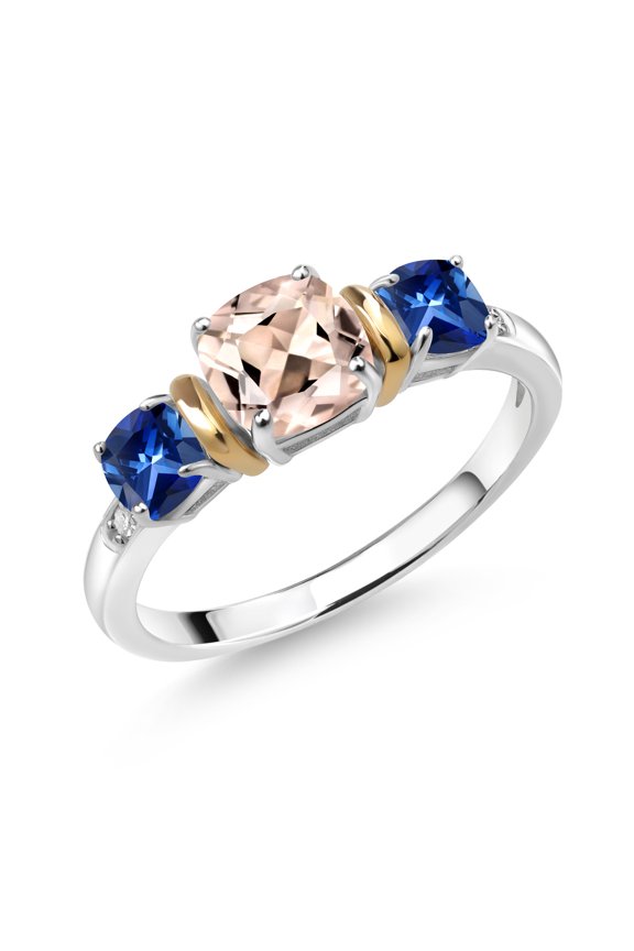 1.53 Ct Peach Morganite Blue Created Sapphire 925 Silver and 10K Yellow Gold Diamond 3-Stone Ring (Size 5)