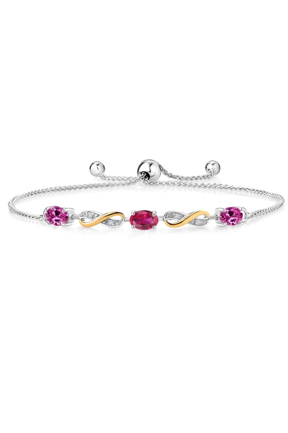 1.53 Ct Pink Created Sapphire Red Created Ruby 925 Silver and 10K Yellow Gold Lab Grown Diamond Adjustable Infinity Bracelet for Women Mother's Mom Wife Her