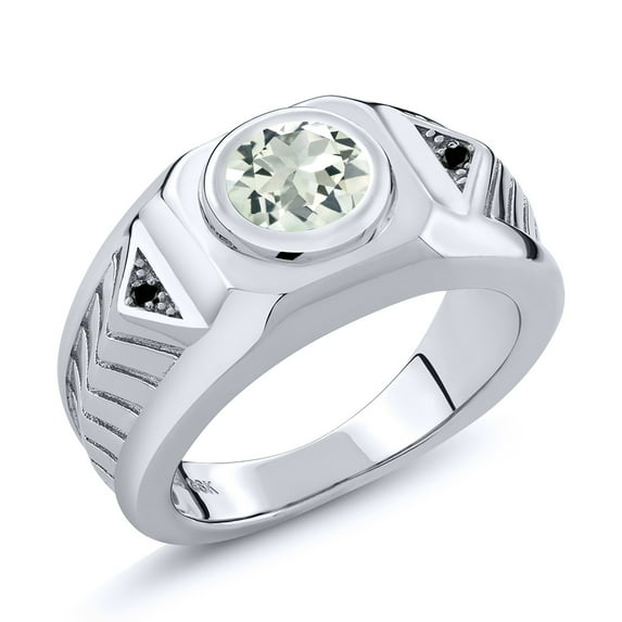 Gem Stone King 1.53 Ct Round Green Prasiolite Black Diamond 925 Sterling Silver Men's Ring