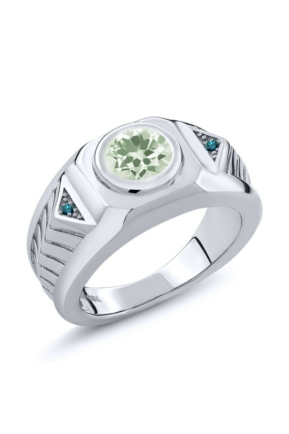 1.53 Ct Round Green Prasiolite Blue Diamond 925 Sterling Silver Men's Ring