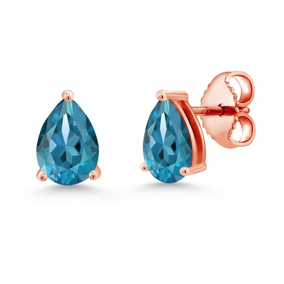 Gem Stone King 1.54 Ct 7x5mm London Blue Topaz 18K Rose Gold Plated Silver Stud Earrings