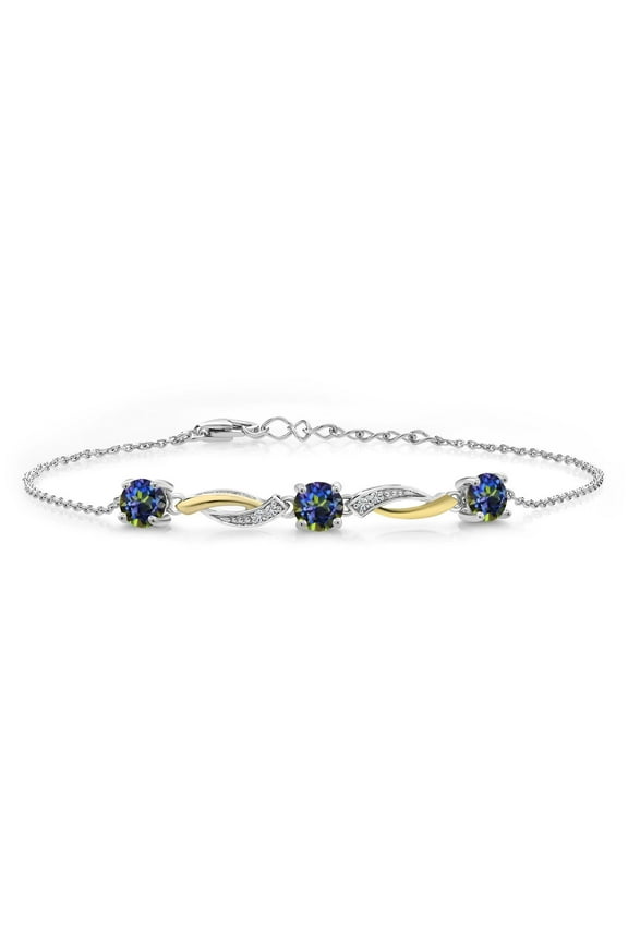 1.54 Ct Blue Mystic Topaz E-F Lab Grown Diamond 925 Silver and 10K Yellow Gold 7 inch Tennis Bracelet for Women with 1 inch Extender