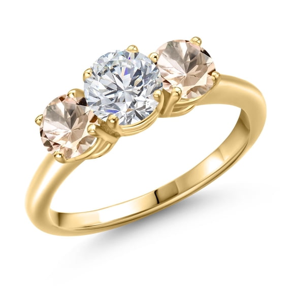 Gem Stone King 18K Yellow Gold Plated Silver Lab Grown Diamond and Peach Morganite Engagement Ring for Women | 1.54 Cttw | Round 6MM | Gemstone April Birthstone | Size 6