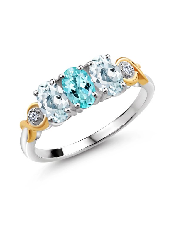 1.54 Ct Oval Blue Apatite Sky Blue Aquamarine 925 Silver and 10K Yellow Gold G-H Lab Grown Diamond Women Ring (Size 7)