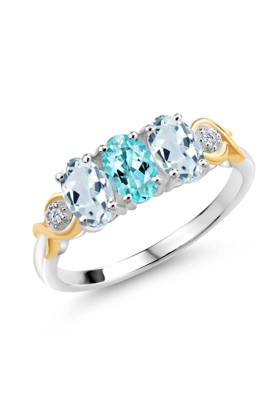1.54 Ct Oval Blue Apatite Sky Blue Aquamarine 925 Silver and 10K Yellow Gold G-H Lab Grown Diamond Women Ring (Size 6)