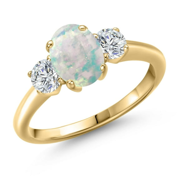 Gem Stone King 1.54 Ct Oval Cabochon White Simulated Opal G/H Lab Grown Diamond 18K Yellow Gold Plated Silver Ring