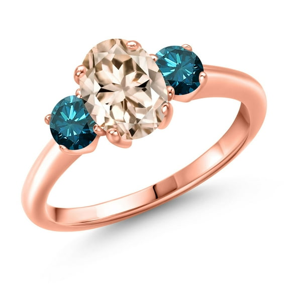 Gem Stone King 1.54 Ct Oval Peach Morganite Blue Diamond 18K Rose Gold Plated Silver Ring