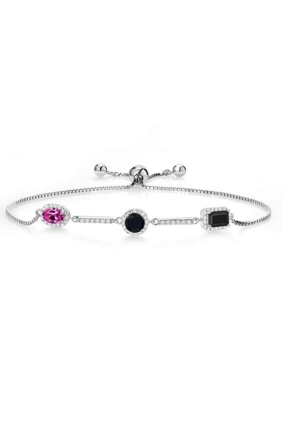 1.54 Ct Oval Pink Created Sapphire Black Onyx 925 Sterling Silver Bracelet for Women