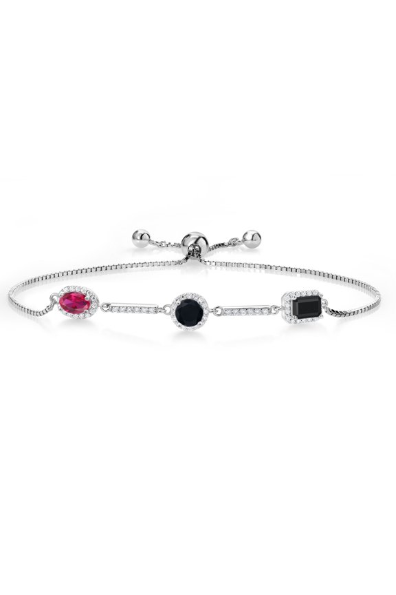 1.54 Ct Oval Red Created Ruby Black Onyx 925 Sterling Silver Bracelet for Women