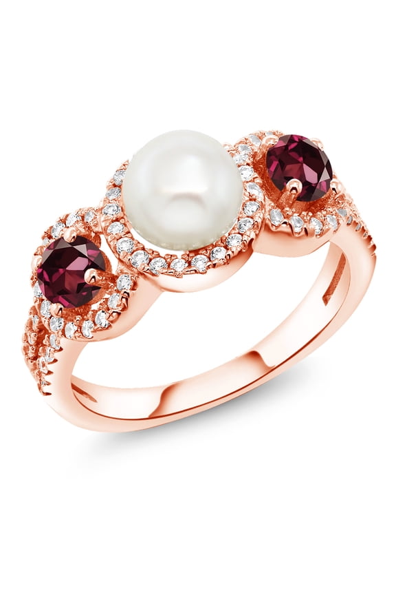 1.54 Ct Round Red Rhodolite Garnet 18K Rose Gold Plated Silver Cultured Freshwater Pearl Ring