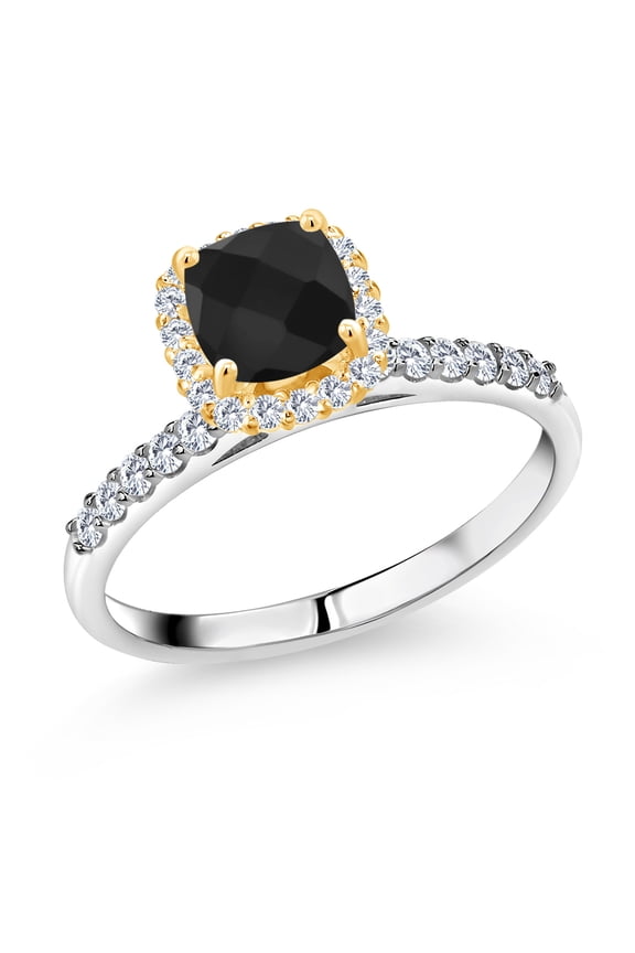 1.55 Ct Cushion Checkerboard Black Onyx E-F Lab Grown Diamond 925 Silver and 10K Yellow Gold Ring (Size 8)