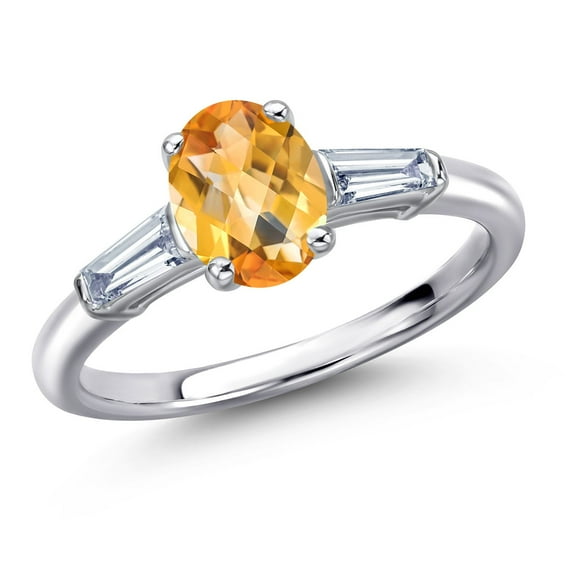 Gem Stone King 1.55 Ct Oval Checkerboard Yellow Citrine G/H Lab Grown Diamond 925 Sterling Silver Ring