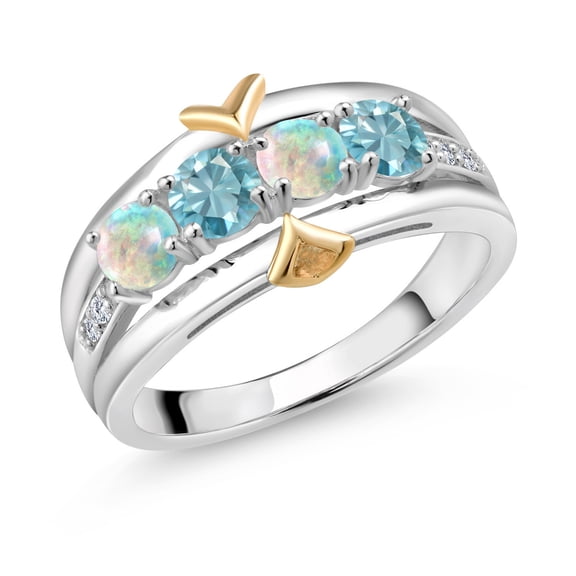Gem Stone King 1.55 Ct Round Cabochon White Simulated Opal Blue Zircon 925 Silver and 10K Yellow Gold 4-Stone Lab Grown Diamond Band Ring (Size 7)