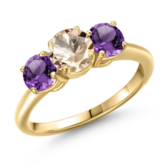 Gem Stone King 18K Yellow Gold Plated Silver Peach Morganite and Purple Amethyst Engagement Ring for Women | 1.55 Cttw | Round 6MM | Gemstone October Birthstone | Size 5