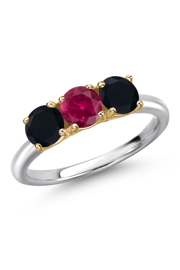 10K Two Tone Gold Red Created Ruby and Black Onyx Engagement Ring for Women | 1.55 Cttw | Round 5MM | Gemstone July Birthstone | Size 7
