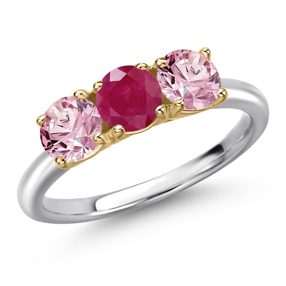 Gem Stone King 10K Two Tone Gold Red Ruby and Pink Lab Grown Diamond Engagement Ring for Women | 1.55 Cttw | Round 5MM | Gemstone July Birthstone | Size 9