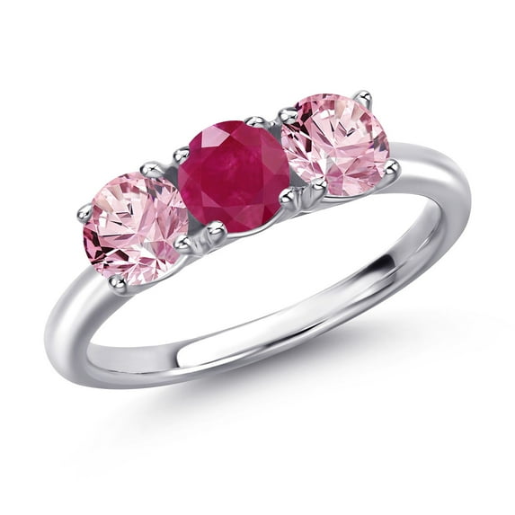 Gem Stone King 925 Sterling Silver Red Ruby and Pink Lab Grown Diamond Engagement Ring for Women | 1.55 Cttw | Round 5MM | Gemstone July Birthstone | Size 5