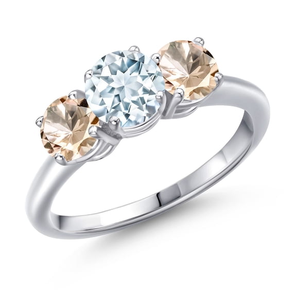 Gem Stone King 925 Sterling Silver Sky Blue Aquamarine and Peach Morganite Engagement Ring for Women | 1.55 Cttw | Round 6MM | Gemstone March Birthstone | Size 5