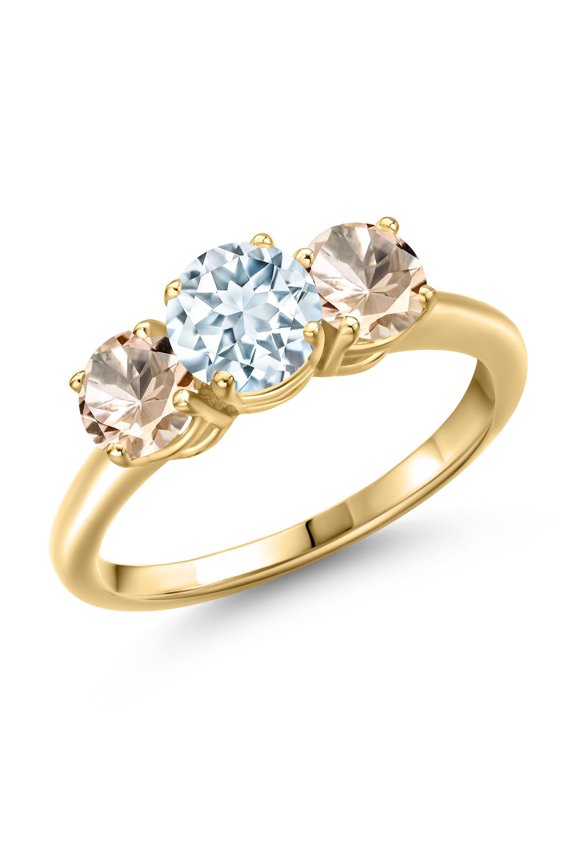 18K Yellow Gold Plated Silver Sky Blue Aquamarine and Peach Morganite Engagement Ring for Women | 1.55 Cttw | Round 6MM | Gemstone March Birthstone | Size 8