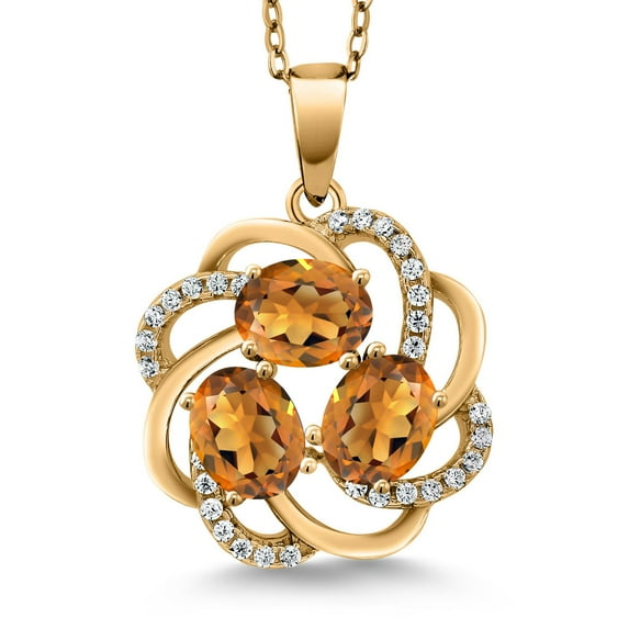 Gem Stone King 1.55 Cttw 6X4MM Oval Orange Red Madeira Citrine 18K Yellow Gold Plated Silver 3-Stone Pendant Necklace for Women | Gemstone Birthstone | With 18 inch Chain