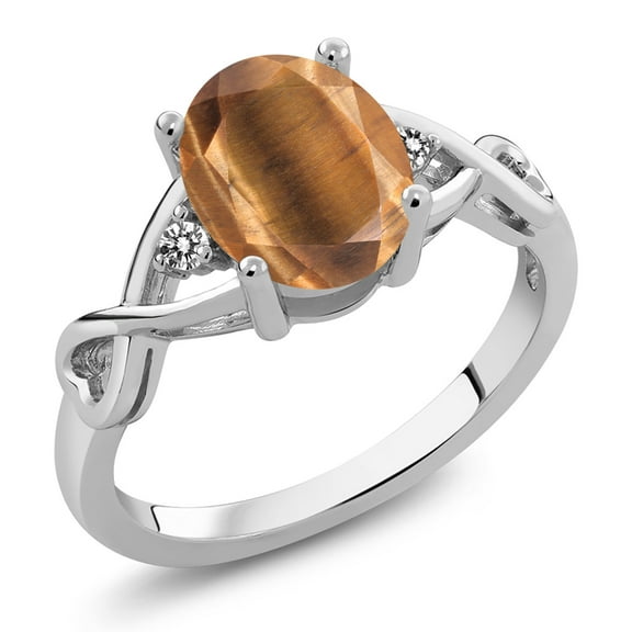 Gem Stone King 1.56 Cttw Oval Brown Tiger Eye and White Diamond 925 Sterling Silver 3-Stone Ring for Women | Gemstone Birthstone | Oval 9X7MM and Round 1.8MM (Size 5)