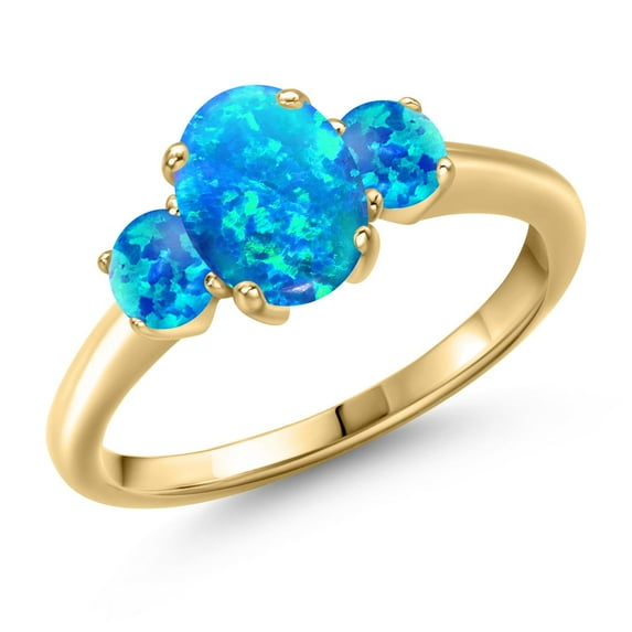 Gem Stone King 1.56 Ct Oval Cabochon Blue Simulated Opal 18K Yellow Gold Plated Silver Ring