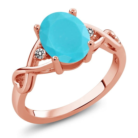 Gem Stone King 1.56 Ct Oval Green Turquoise White Diamond 18K Rose Gold Plated Silver Ring (Size 7)