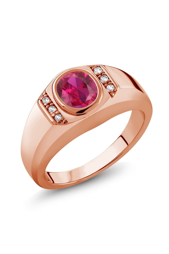 1.56 Ct Red Created Ruby White Created Sapphire 18K Rose Gold Plated Silver Men's Ring