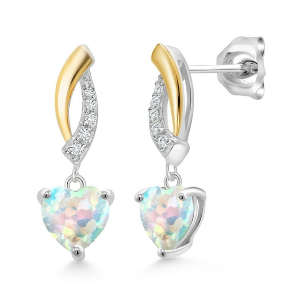 Gem Stone King 1.57 Ct Heart Shape 6mm White Simulated Opal 925 Silver and 10K Yellow Gold Lab Grown Diamond Dangle Earrings