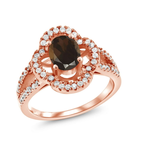 Gem Stone King 1.57 Ct Oval Brown Smoky Quartz 18K Rose Gold Plated Silver Spotlight Ring (Size 5)
