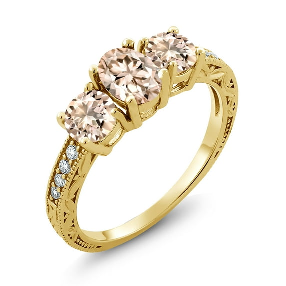 Gem Stone King 1.57 Ct Oval Peach Morganite 18K Yellow Gold Plated Silver Moissanite Ring (Size 9)
