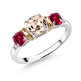 thumbnail image 1 of Gem Stone King 1.57 Ct Peach Morganite Red Created Ruby 925 Silver and 10K Yellow Gold Diamond 3-Stone Ring (Size 8), 1 of 3