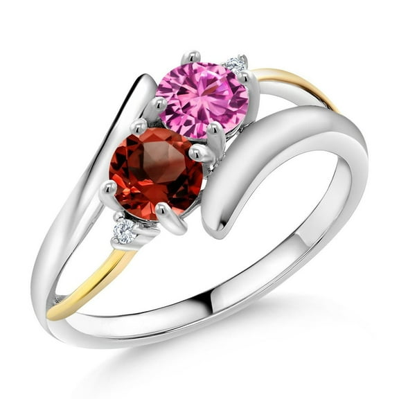 Gem Stone King 1.57 Ct Round Pink Created Sapphire Red Garnet 925 Silver and 10K Yellow Gold Lab Grown Diamond Two Stone Crossover Ring (Size 9)