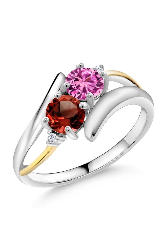 1.57 Ct Round Pink Created Sapphire Red Garnet 925 Silver and 10K Yellow Gold Lab Grown Diamond Two Stone Crossover Ring (Size 6)
