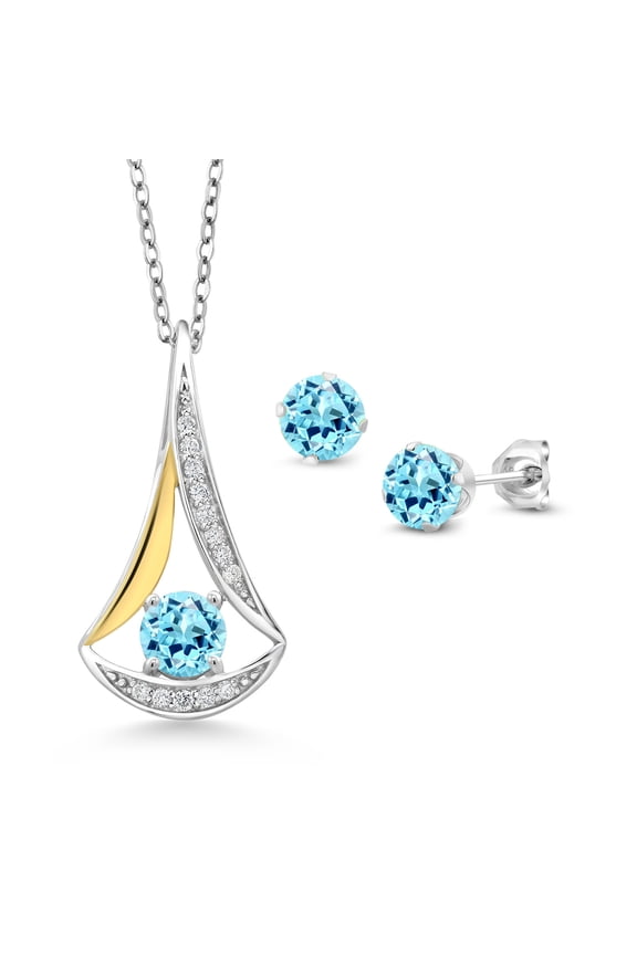 1.58 Ct Blue Apatite E-F Lab Grown Diamond 925 Silver and 10K Yellow Gold Pendant and Earrings Jewelry Set