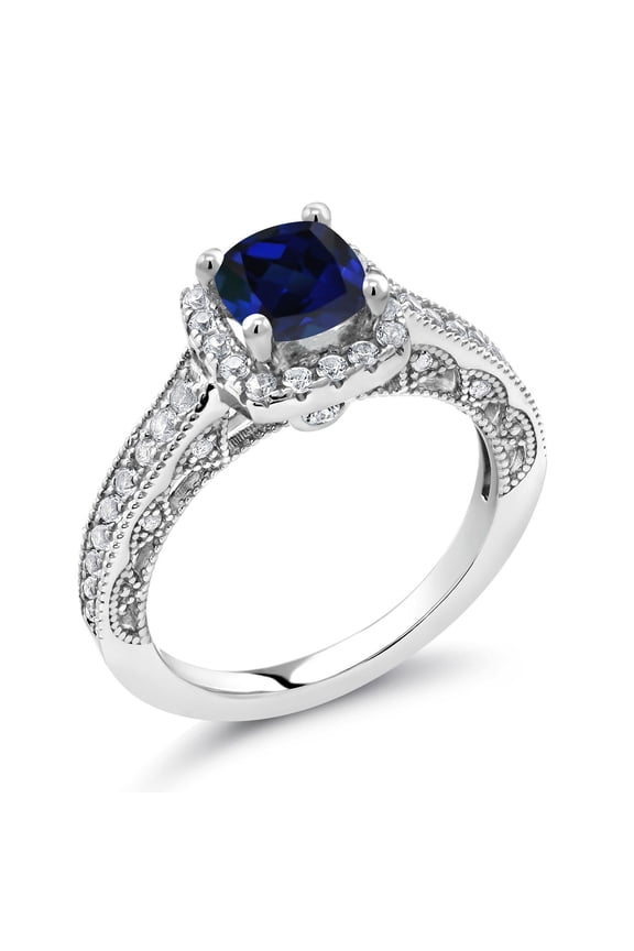 1.58 Ct Blue and White Created Sapphire 925 Sterling Silver Ring