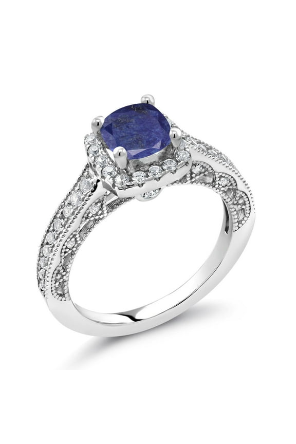 1.58 Ct Cushion Blue Lapis White Created Sapphire 925 Sterling Silver Ring
