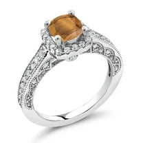 Gem Stone King 1.58 Ct Cushion Brown Tiger Eye White Created Sapphire 925 Sterling Silver Ring